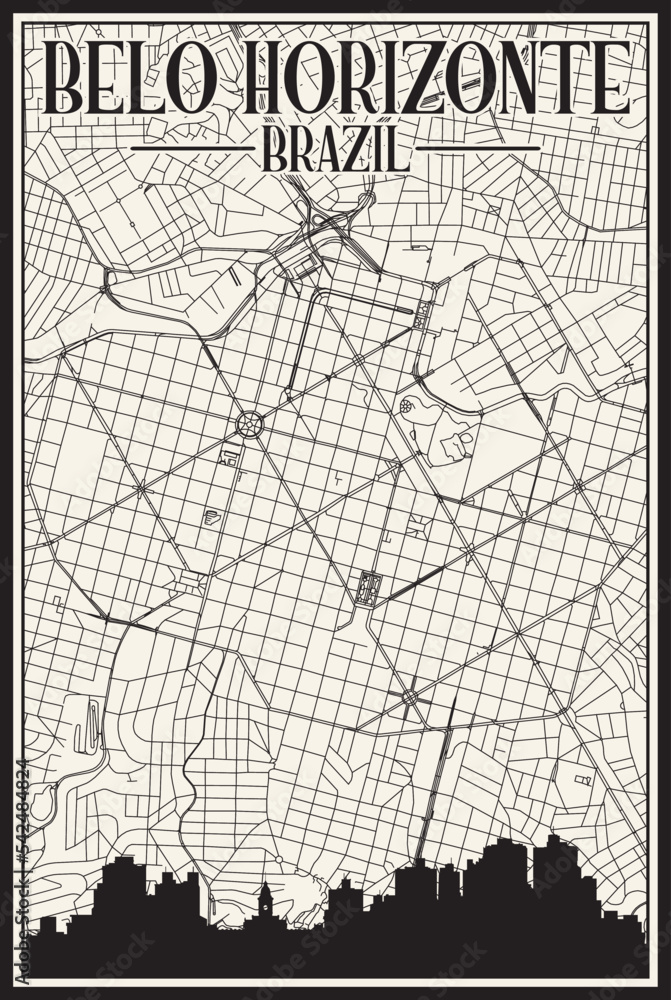 White vintage hand-drawn printout streets network map of the downtown BELO HORIZONTE, BRAZIL with highlighted city skyline and lettering