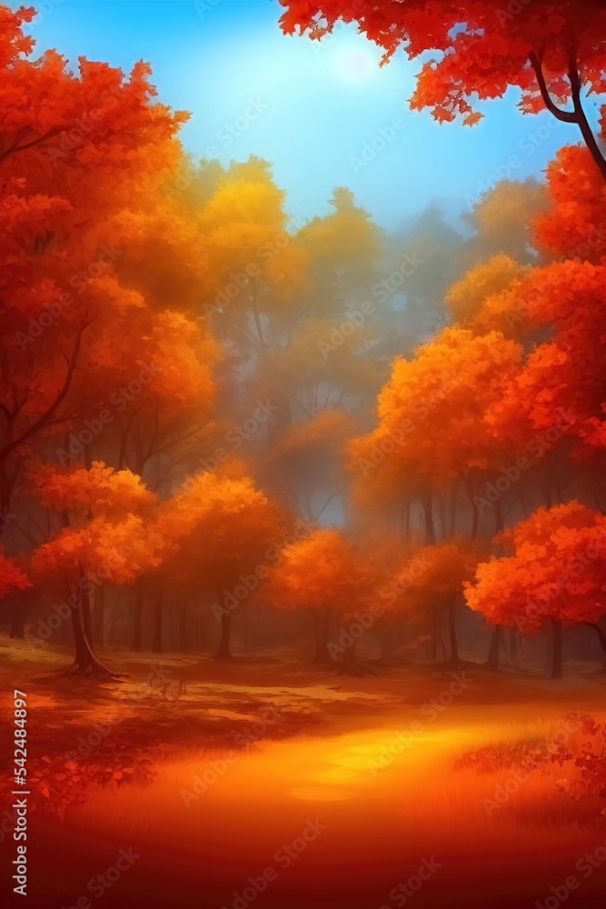 autumn landscape painting with clear blank background for product and text display. text display, clear background, painting rendering, illustration.