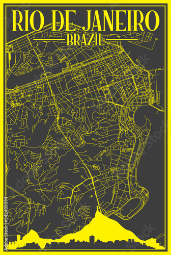 Black and yellow vintage hand-drawn printout streets network map of the downtown RIO DE JANEIRO, BRAZIL with highlighted city skyline and lettering
