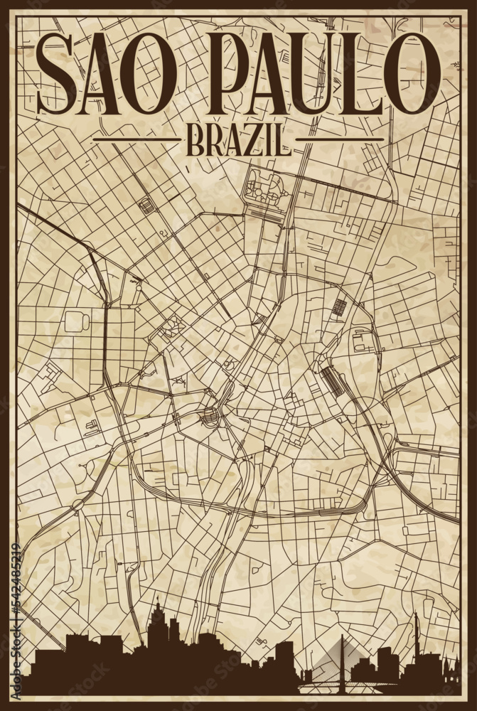 Vektorová grafika „Brown vintage handdrawn printout streets network map of the downtown SAO