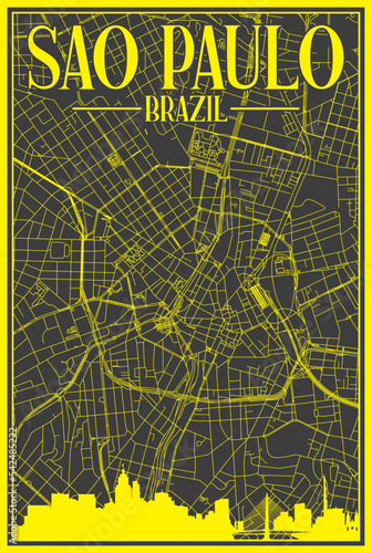 Black and yellow vintage hand-drawn printout streets network map of the downtown SAO PAULO, BRAZIL with highlighted city skyline and lettering
