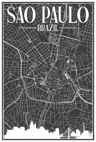 Black vintage hand-drawn printout streets network map of the downtown SAO PAULO, BRAZIL with highlighted city skyline and lettering