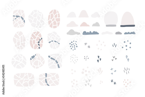 Collection of winter map view with roads, rivers, snowy landscapes. Small city, town map card creator with snow mountains, snowflakes, snow globes. Vector illustration in doodle hand drawn flat style