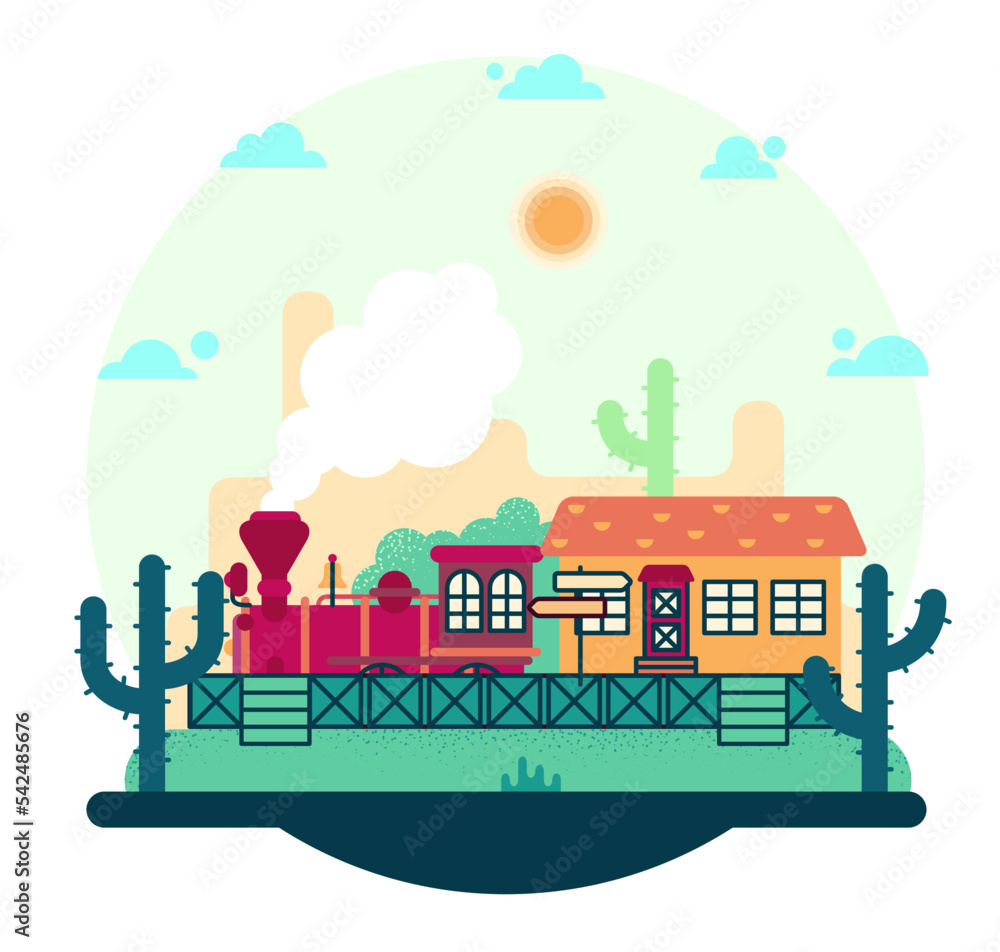 Old red train at the railway station. Wild west illustration Old red train at the railway station. Wild west illustration