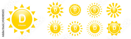 Vitamin D icons set with Sun. Vector D3 signs. Flat design elements illustration EPS10