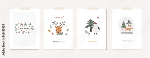 Collection of Christmas greeting cards with xmas decor, Santa Claus, tree, animals, gifts, map. Winter season cute holiday posters. Vector abstract illustration in doodle hand drawn flat style