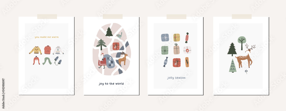 Obraz premium Collection of Christmas greeting cards with xmas decor, Santa Claus, tree, animals, gifts, map. Winter season cute holiday posters. Vector abstract illustration in doodle hand drawn flat style