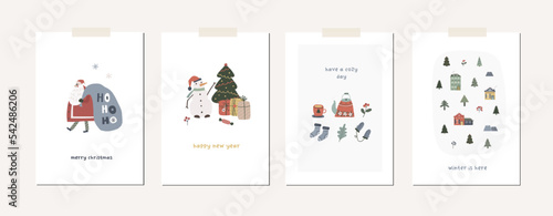Collection of Christmas greeting cards with xmas decor, Santa Claus, tree, animals, gifts, map. Winter season cute holiday posters. Vector abstract illustration in doodle hand drawn flat style