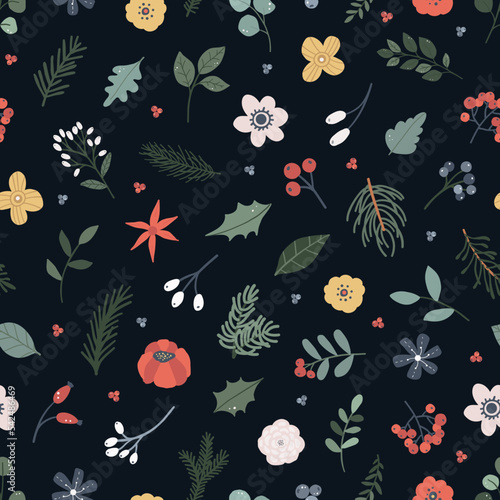 Winter Christmas seamless pattern with botanical flowers, spruce, leaves, berries. Vector illustration in doodle hand drawn flat style for fabric, textile, paper, kids