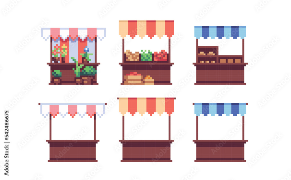 Trading stall pixel art set. Outdoor local market collection. Street store, farmer's fair. 8 bit sprite. Game development, mobile app. Isolated vector illustration. Trading stall pixel art set. Outdoor local market collection. Street store, farmer's fair. 8 bit sprite. Game development, mobile app. Isolated vector illustration.
