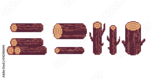 Tree log pixel art set. Timber pile collection. Raw stacked wood. 8 bit sprite. Game development, mobile app.  Isolated vector illustration.