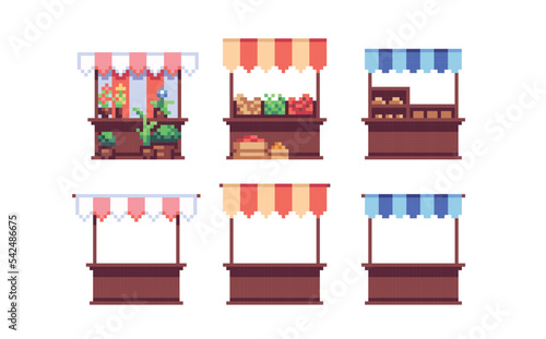 Trading stall pixel art set. Outdoor local market collection. Street store, farmer's fair. 8 bit sprite. Game development, mobile app.  Isolated vector illustration.