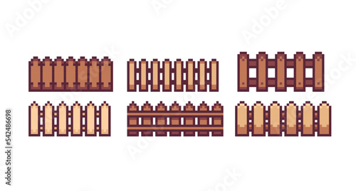 Wooden fence pixel art set. Countryside timber hedge collection. 8 bit sprite. Game development, mobile app. Isolated vector illustration.