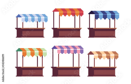 Trading stall pixel art set. Outdoor local market collection. Street store, farmer's fair. 8 bit sprite. Game development, mobile app.  Isolated vector illustration.