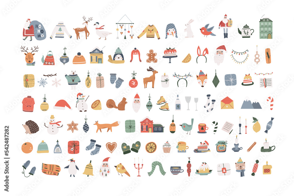 Fototapeta premium Collection of Christmas winter cute icons with Santa Claus, animals, candles, gift boxes, balls, snowman, home interior decor. Vector illustration in abstract doodle Scandinavian hand drawn flat style