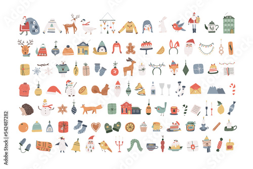 Collection of Christmas winter cute icons with Santa Claus, animals, candles, gift boxes, balls, snowman, home interior decor. Vector illustration in abstract doodle Scandinavian hand drawn flat style