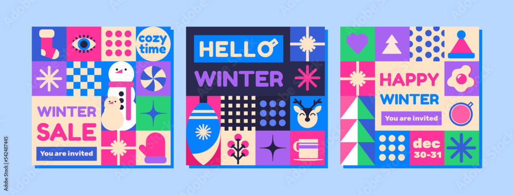 Set of 3 templates Hello Winter! Bright, modern colors, minimalist style. Perfect for invitations, gift certificates, postcards as outdoor advertising and for social media and more Set of 3 templates Hello Winter! Bright, modern colors, minimalist style. Perfect for invitations, gift certificates, postcards as outdoor advertising and for social media and more