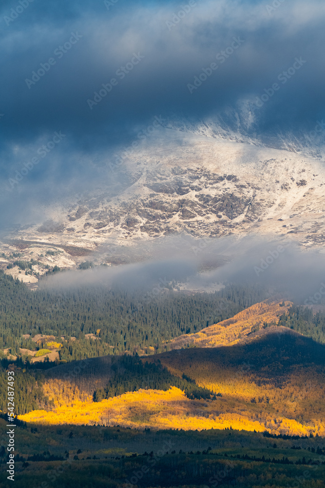 Cloudy and Snowy Fall Sunrise over Colorado Mountains, closeup shot of Mt Elbert