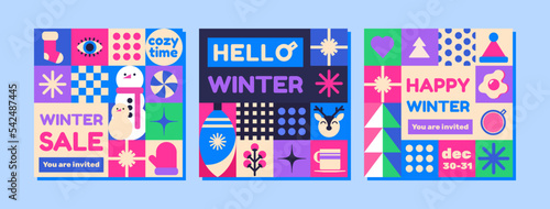 Set of 3 templates Hello Winter! Bright, modern colors, minimalist style. Perfect for invitations, gift certificates, postcards as outdoor advertising and for social media and more