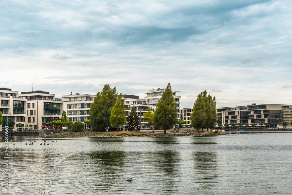 View of the Phoenix lake (Phoenixsee) in Dortmund, Germany, copy space