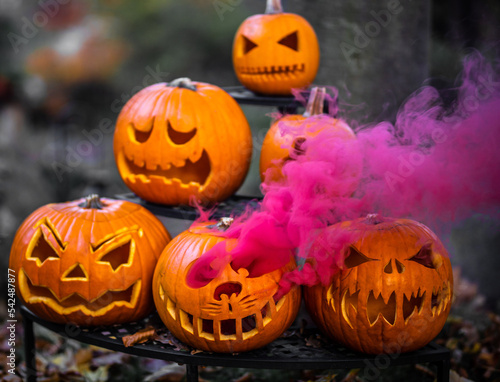 Kürbisse zu Halloween mit pinkem Rauch oder Qualm aus dem Gesicht