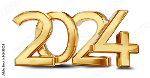 2024 gold metallic glossy symbol of the year 2024, isolated 3d-illustration