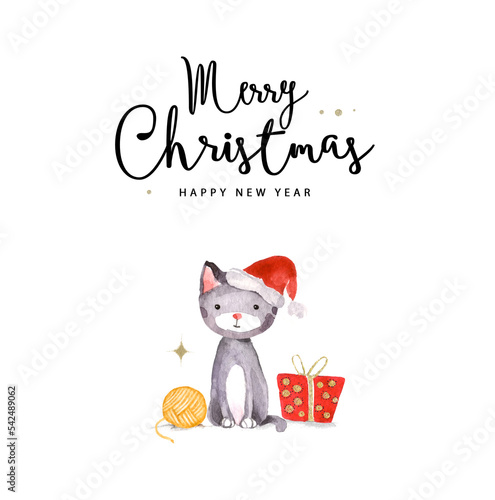 Merry Christmas and Happy New Year card. Watercolor illustration of cat and presents on the white background. 