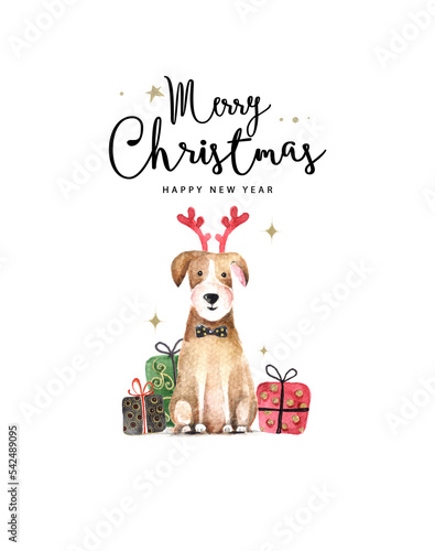 Merry Christmas and Happy New Year illustration with christmas dog and presents on the white background. Watercolor illustration of dog. 