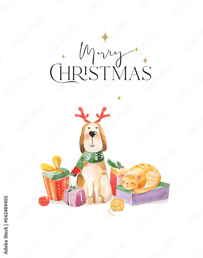 Naklejka premium Christmas greeting card with watercolor illustrations of dog, cat and presents. Hand drawing illustrations on the white background. Merry Christmas and Happy New Year card.