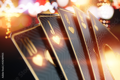 Casino banner, creative background, playing cards in black and gold style, luxury. Concept of online gambling, recreation, poker, black jack, online casino. Copy space, 3D illustration, 3D render.