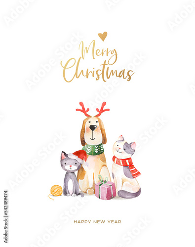 Christmas watercolour greeting card with watercolor illustrations of dog, cat and presents on the white background. Hand drawing illustrations. Merry Christmas and Happy New Year card.