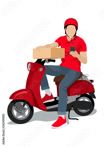 Illustration of a courier sitting in a red scooter with a phone and a box