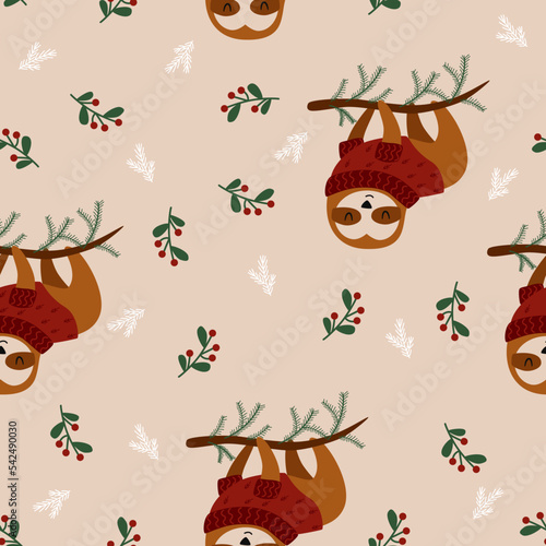 seamless pattern with christmas sloth