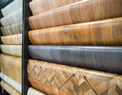 Rack with samples of linoleum in the flooring department