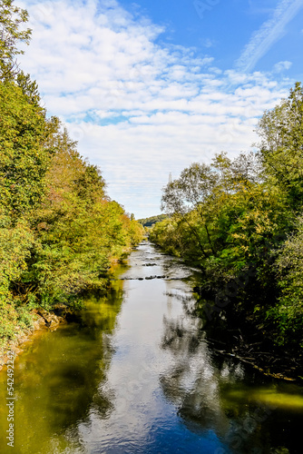 Münchenstein, Birs, Fluss, Birstal, Baselland, Arlesheim, Reinach, Wald, Waldweg, Auwald, Uferweg, Wanderweg, Renaturierung, Herbst, Herbstfarben, Herbstlaub, Herbstsonne, Dorf, Basel, Schweiz 