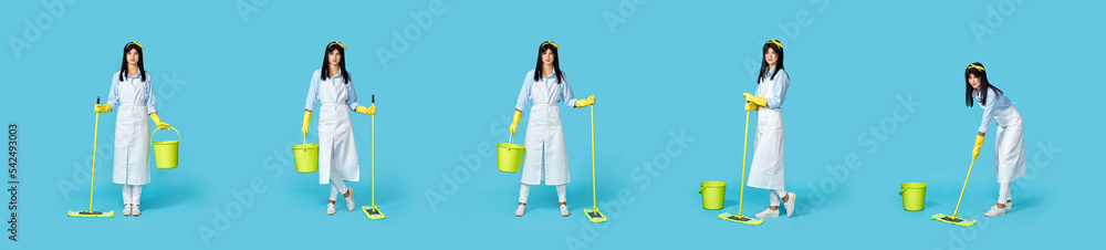 woman in rubber gloves and cleaner apron with cleaning supplies woman in rubber gloves and cleaner apron with cleaning supplies