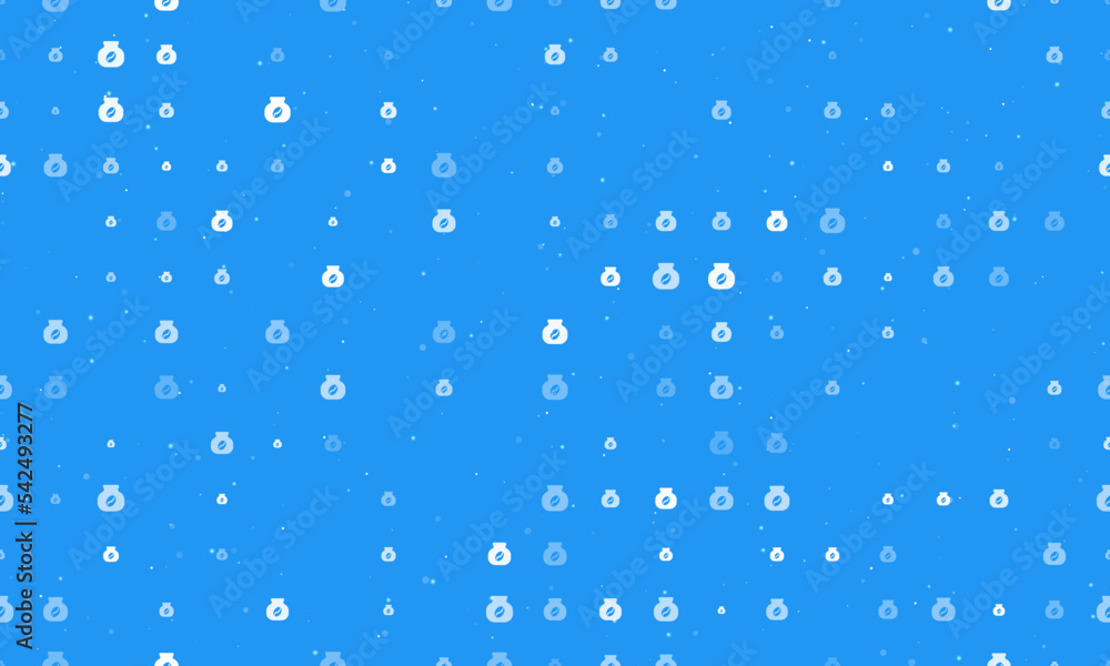 Seamless background pattern of evenly spaced white instant coffee symbols of different sizes and opacity. Vector illustration on blue background with stars