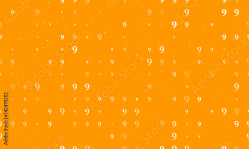 Seamless background pattern of evenly spaced white number nine symbols of different sizes and opacity. Vector illustration on orange background with stars