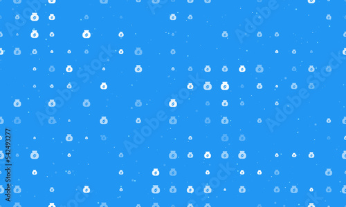 Seamless background pattern of evenly spaced white instant coffee symbols of different sizes and opacity. Vector illustration on blue background with stars