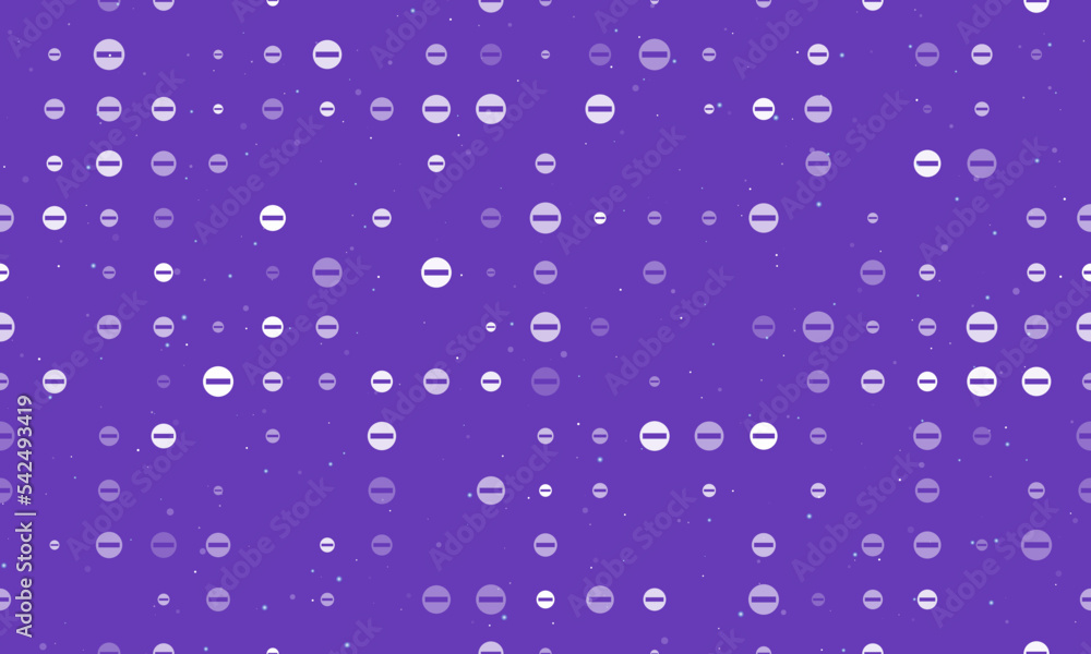 Seamless background pattern of evenly spaced white no entry road signs of different sizes and opacity. Vector illustration on deep purple background with stars
