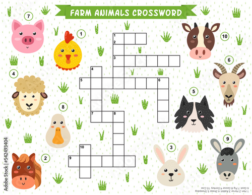 Farm animals crossword puzzle for kids. Educational game with cute farm characters. Learning english vocabulary activity page in US Letter format. Vector illustration
