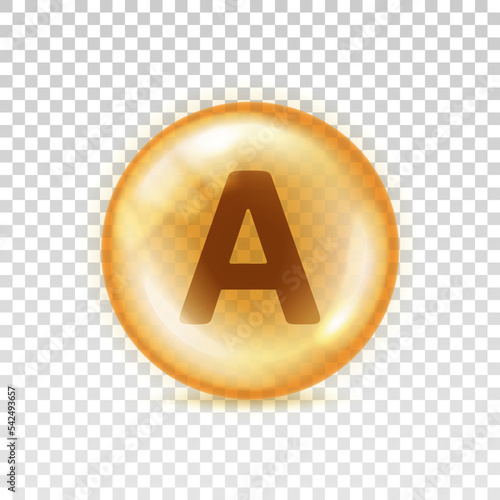 Vitamin A icon. Yellow orb pill isolated on transparent background. Big shape glass circle. Realistic oil 3d bubble. Round sphere nutrition retinol. Design capsule carotene. Vector illustration