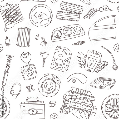 Line icon style seamless vector pattern background of car spare parts. Black vehicle details and accessories.