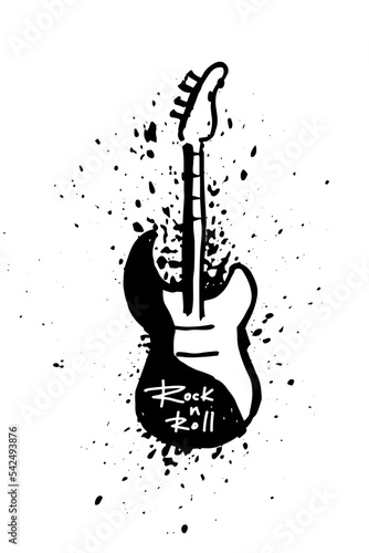 Isolated inscription Rock and roll on the guitar on splashes of black paint. Handwritten phrase for design t-shirt, postcard, prints, stickers or social media. Vector illustration.