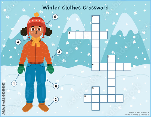 Winter clothes crossword puzzle for kids. Educational game with cute girl. Learning english vocabulary activity page in US Letter format. Vector illustration