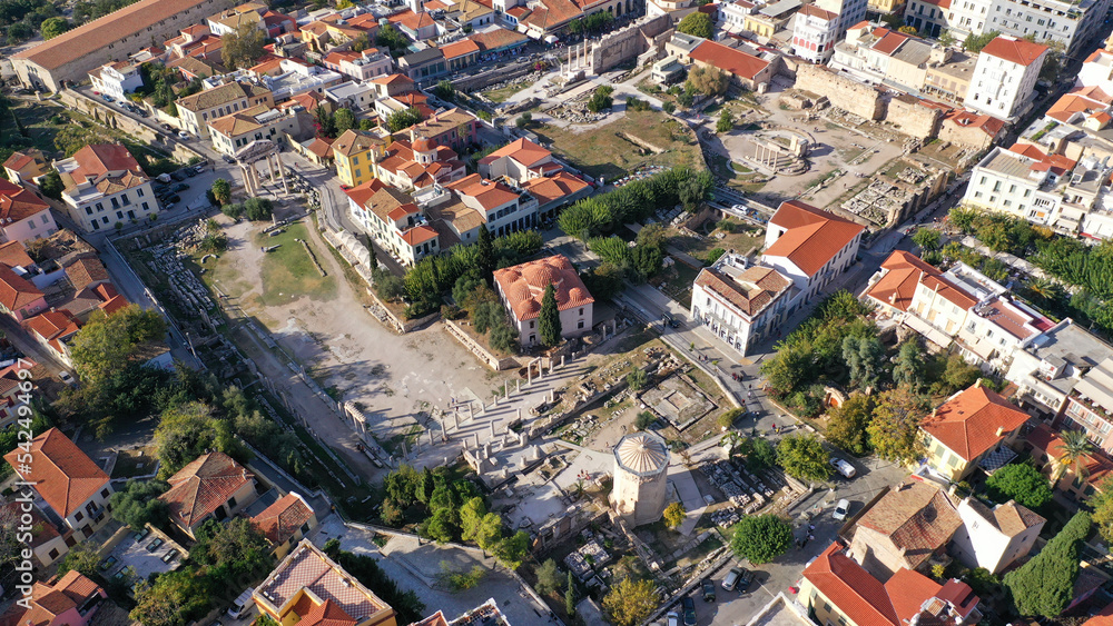 Aerial drone view of famous crowded flea market of Monastiraki and main square in centre of Athens, Attica, Greece              