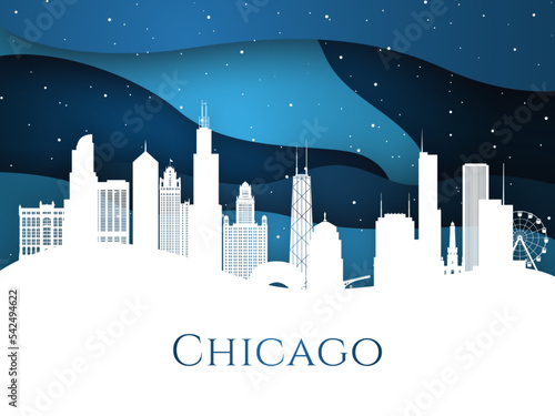 Snowy Chicago skyline on blue background. Most famous buildings landmark. Christmas Eve in Chicago. Paper art style.