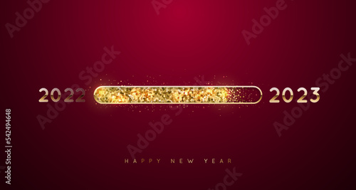 Loading Bar 2023. Happy New Year horizontal banner with bright shiny loading progress bar, golden glitter and sparkles. Expectation of the holiday.