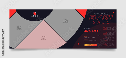 Flash sale facebook cover page timeline web ad banner template with photo place. modern and creative layout black background design