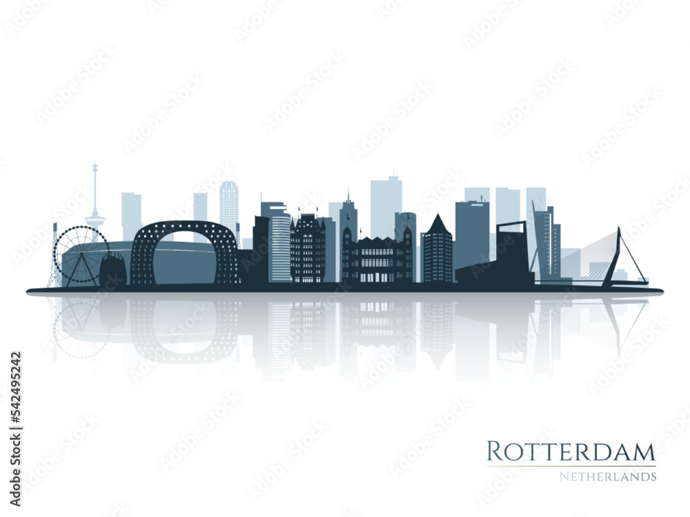 Rotterdam skyline silhouette with reflection. Landscape Rotterdam, Netherlands. Vector illustration.